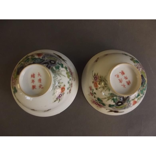 20 - A pair of fine porcelain bowls decorated in bright enamels with flowers, birds and insects, 6 charac... 