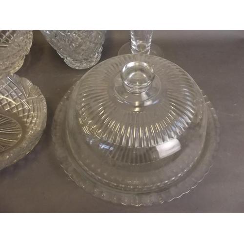 23 - A moulded glass cake plate and dome, a Polish cut glass baluster vase, a cut crystal basket, a simil... 