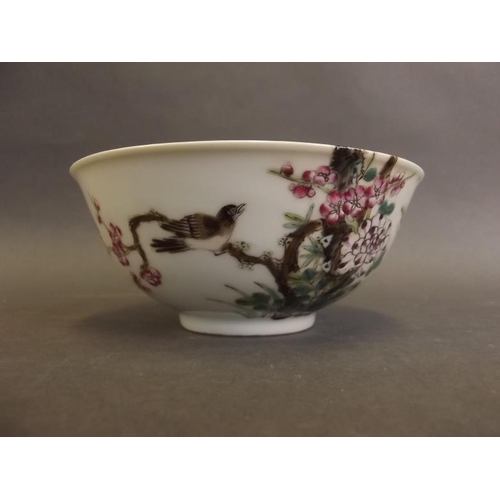 5 - A Chinese porcelain bowl decorated in bright enamels with birds and blossom, seal mark to base, 5