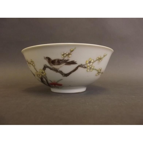 5 - A Chinese porcelain bowl decorated in bright enamels with birds and blossom, seal mark to base, 5