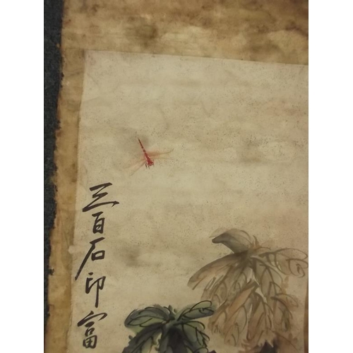 53 - A Chinese hand painted scroll decorated with a dragonfly and foliage, with calligraphy and seal mark... 