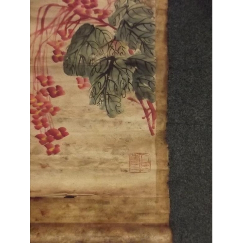 53 - A Chinese hand painted scroll decorated with a dragonfly and foliage, with calligraphy and seal mark... 