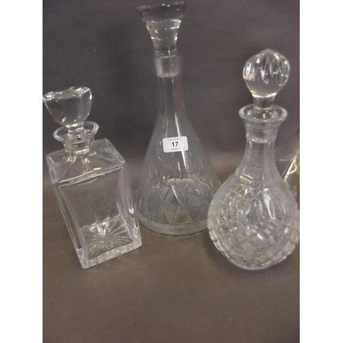 17 - Two crystal glass ship's decanters, plus three other decanters, tallest 13