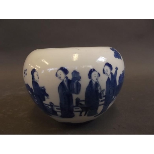 36 - A Chinese blue and white porcelain vase of squat form decorated with female musicians in a garden sc... 