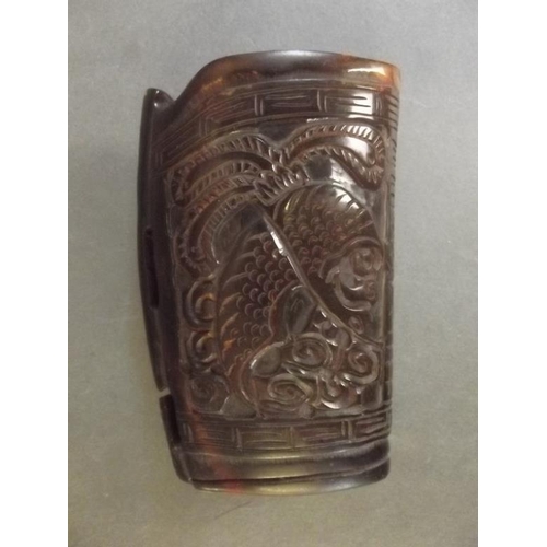 39 - A small Chinese carved horn libation cup decorated with a dragon and carp, 4