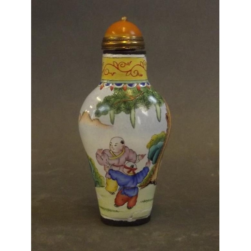 52 - A Peking glass snuff bottle with enamel decoration of figures in a landscape with enamel highlights,... 