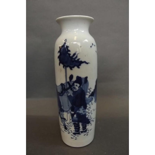 35 - A Chinese blue and white porcelain cylindrical vase decorated with a warrior and his horse, with att... 