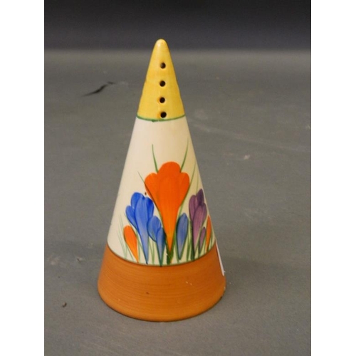 50L - A Clarice Cliffe 'Bizarre' Crocus pattern conical shaped sifter, 5½