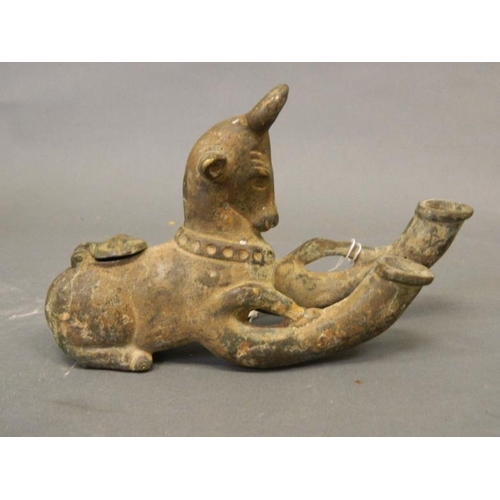 51 - A Middle Eastern bronze twin burner oil lamp in the form of a deer, 8