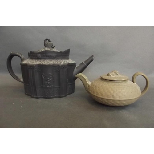 59 - A C19th Wedgwood basket weave china teapot of compressed form with wheatsheaf knop, together with a ... 