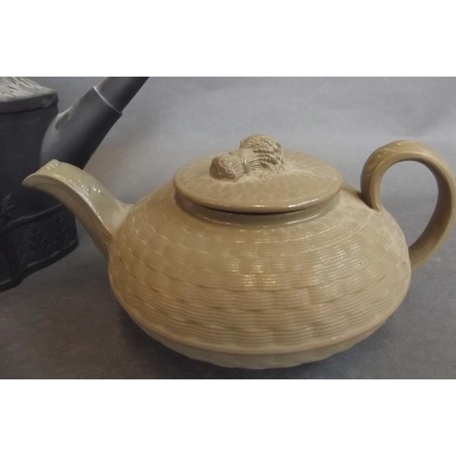 59 - A C19th Wedgwood basket weave china teapot of compressed form with wheatsheaf knop, together with a ... 