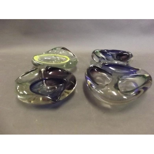 63 - Four Murano glass ashtrays, each formed as three sections with different coloured blush, largest 6½