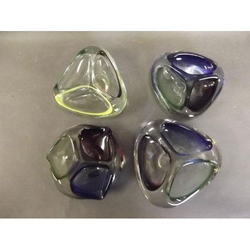 63 - Four Murano glass ashtrays, each formed as three sections with different coloured blush, largest 6½