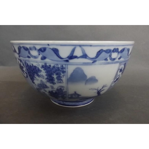 65 - A Japanese blue and white porcelain bowl decorated with panels of landscapes, flowers and symbols, t... 