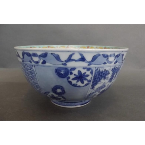 65 - A Japanese blue and white porcelain bowl decorated with panels of landscapes, flowers and symbols, t... 