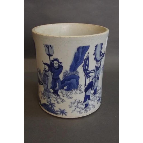 68 - A Chinese blue and white brushpot with flared rim and painted decoration of a farmer and his ox, 6½