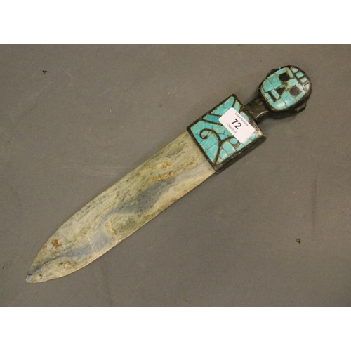 72 - An Eastern stone dagger, the handle inset with turquoise, 15