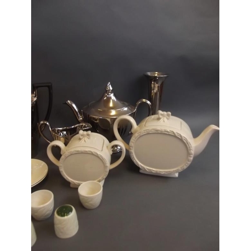 30 - A Sadler Art Deco greenware pottery teapot and sucrier, a Newhall pottery creamware part coffee set,... 