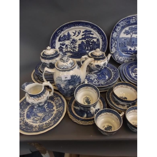 44 - A large quantity of blue and white tea and dinner wares including serving platters, tea and coffee p... 