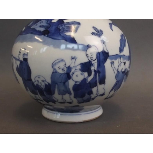 17 - A Chinese blue and white porcelain vase, the bulbous base decorated with a continuous scene of child... 