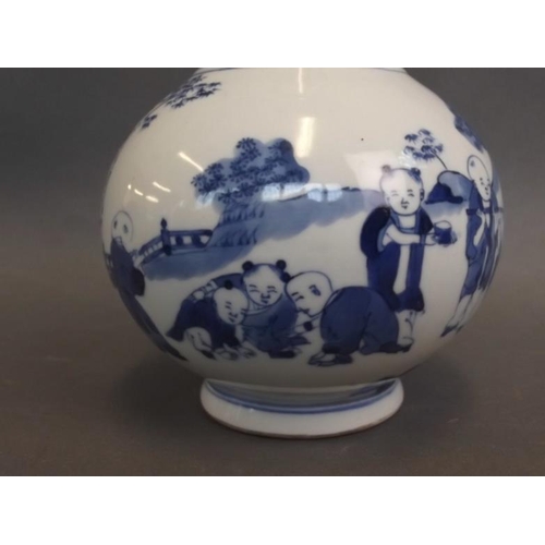 17 - A Chinese blue and white porcelain vase, the bulbous base decorated with a continuous scene of child... 