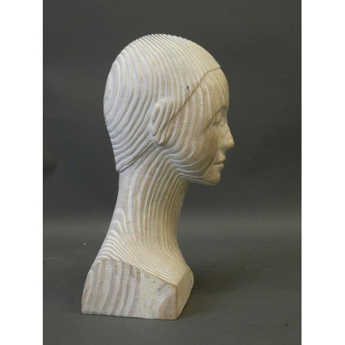 24 - A carved and lined pine wood bust, signed to base 'Eduardo Paolozzi', marked 'J.S.'(?), 19