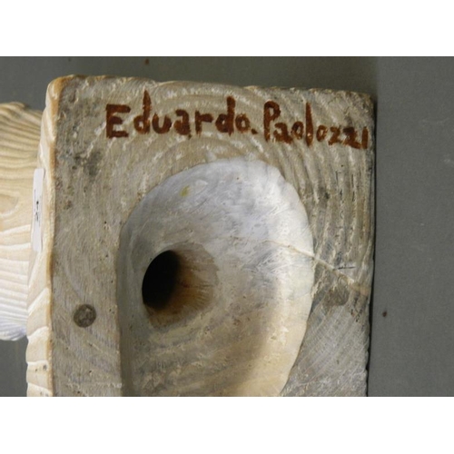 24 - A carved and lined pine wood bust, signed to base 'Eduardo Paolozzi', marked 'J.S.'(?), 19