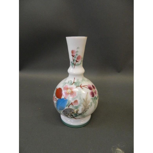 50M - A C19th opaline glass vase with hand painted floral decoration, 7