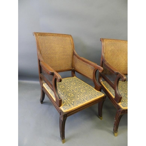 815 - A pair of Regency style mahogany bergère library chairs with ebonised decoration, raised on sabre su... 