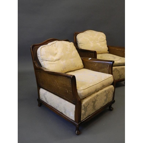 824 - A pair of Bergère armchairs with shaped apron raised on carved cabriole supports