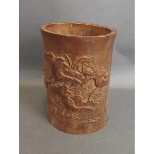 25 - A Chinese carved bamboo brush pot with lotus flower and water fowl decoration, 7