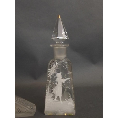 32 - An Art Nouveau style glass perfume bottle by Brosse, a triangular glass perfume bottle and stopper w... 