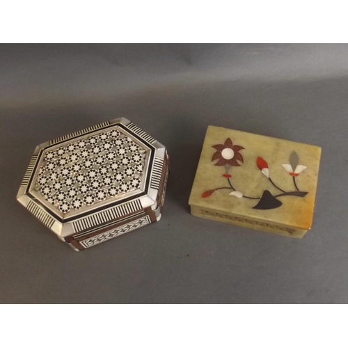 35 - A hexagonal Mother of Pearl and micro-mosaic trinket box, together with a soapstone trinket box with... 