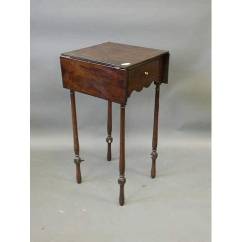 878 - A C19th mahogany drop leaf sing drawer occasional table, raised on turned supports, 15