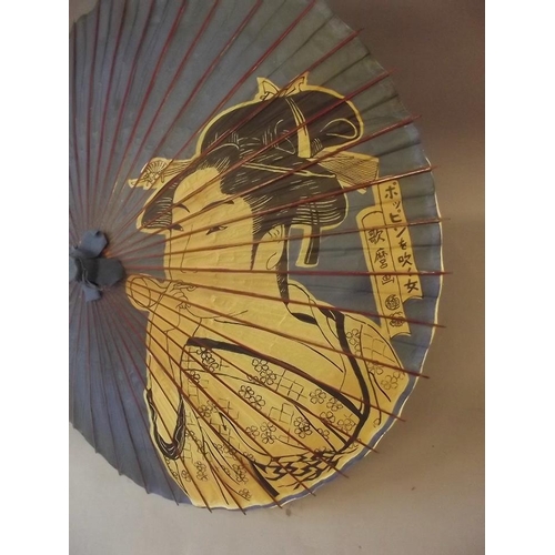 38 - A Japanese bamboo and painted paper parasol decorated with a contemplative geisha, 27