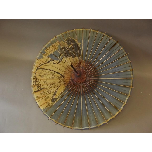 38 - A Japanese bamboo and painted paper parasol decorated with a contemplative geisha, 27