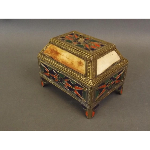 50A - An Eastern sarcophagus shaped brass trinket box with enamelled and applied bone decoration, 4½