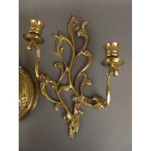 1 - A pair of ornate cast brass two branch candle wall sconces, and a circular brass mount, 13