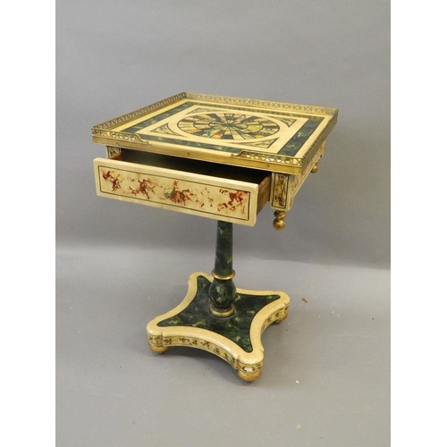 837 - A marbled and painted wood pedestal occasional table with a three-quarter brass gallery and single d... 