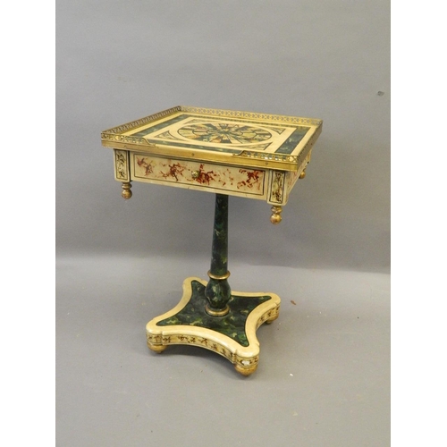 837 - A marbled and painted wood pedestal occasional table with a three-quarter brass gallery and single d... 