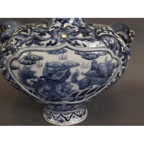 17 - A Chinese blue and white porcelain flask with twin kylin mask handles and decorative panels of kylin... 