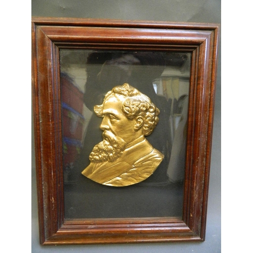 6 - A framed gilt metal head bust of Charles Dickens, in a good C19th frame, bust 7