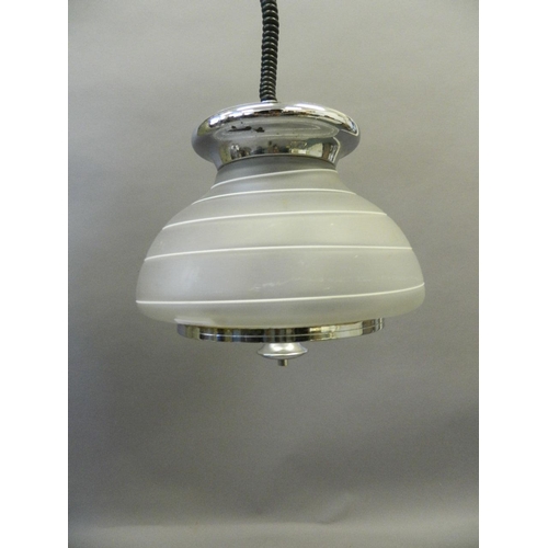 845 - A banded glass and chrome plated pendant ceiling light, shade 11½