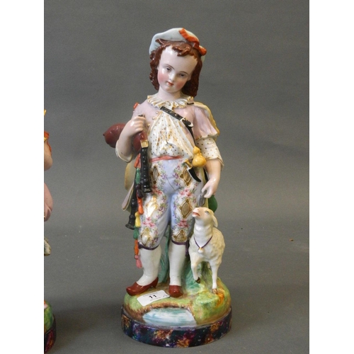 11 - A pair of C19th Continental porcelain figures of a piper boy and shepherdess, impressed 'LM', 15