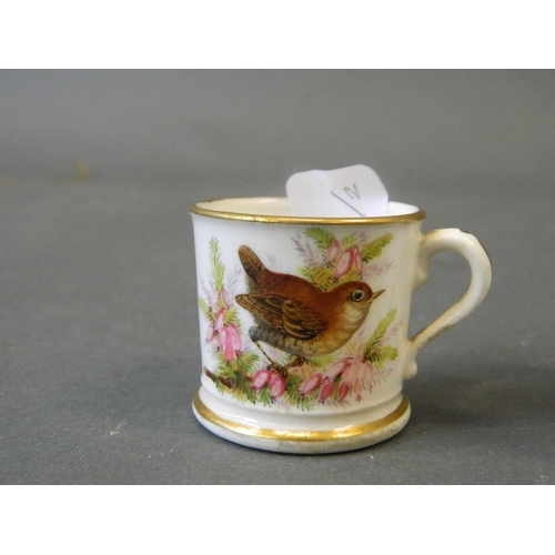 41 - A C19th Worcester porcelain miniature mug with hand painted decoration of a wren, and a C19th hard p... 