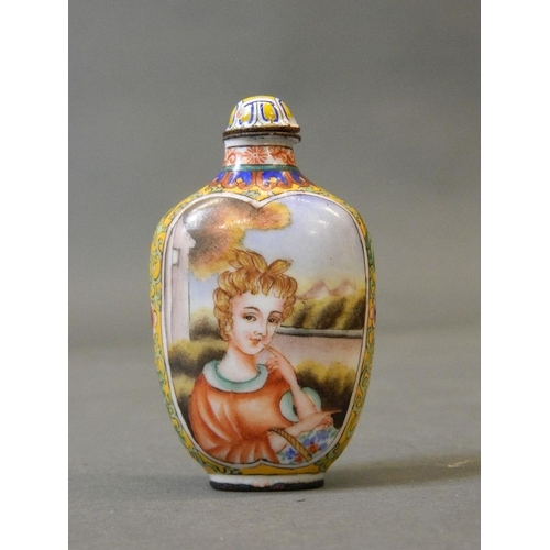 50E - A Cantonese enamel snuff bottle with decoration in the European taste, 4 character mark to base, 3