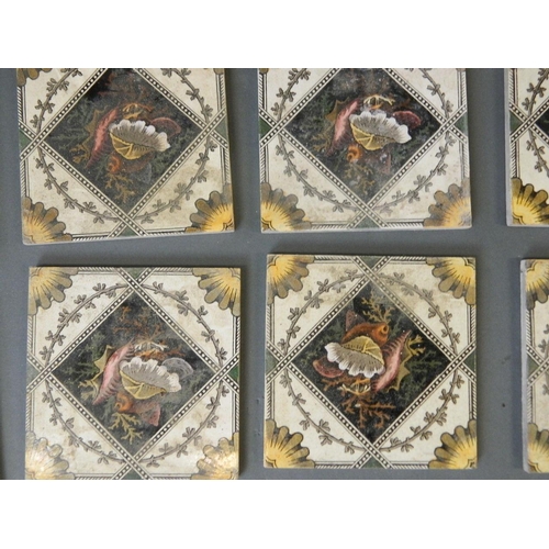 6 - A set of fifteen Victorian transfer printed tiles with shell and seaweed decoration, 6