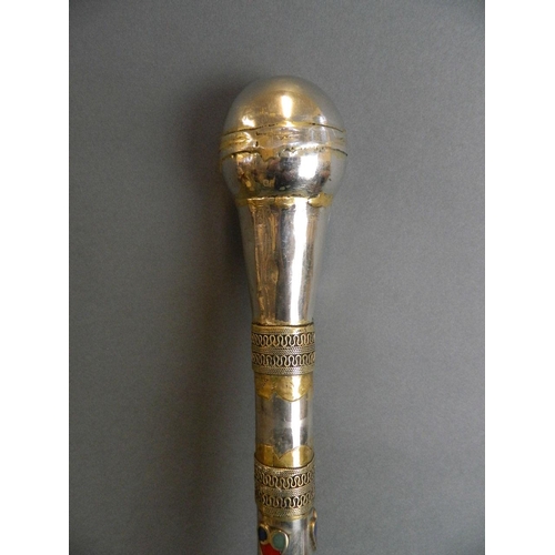 28 - A Turkmeni silvered metal staff with enamel inset decoration, 34