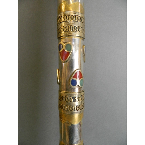 28 - A Turkmeni silvered metal staff with enamel inset decoration, 34