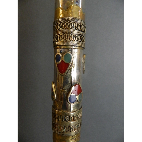 28 - A Turkmeni silvered metal staff with enamel inset decoration, 34